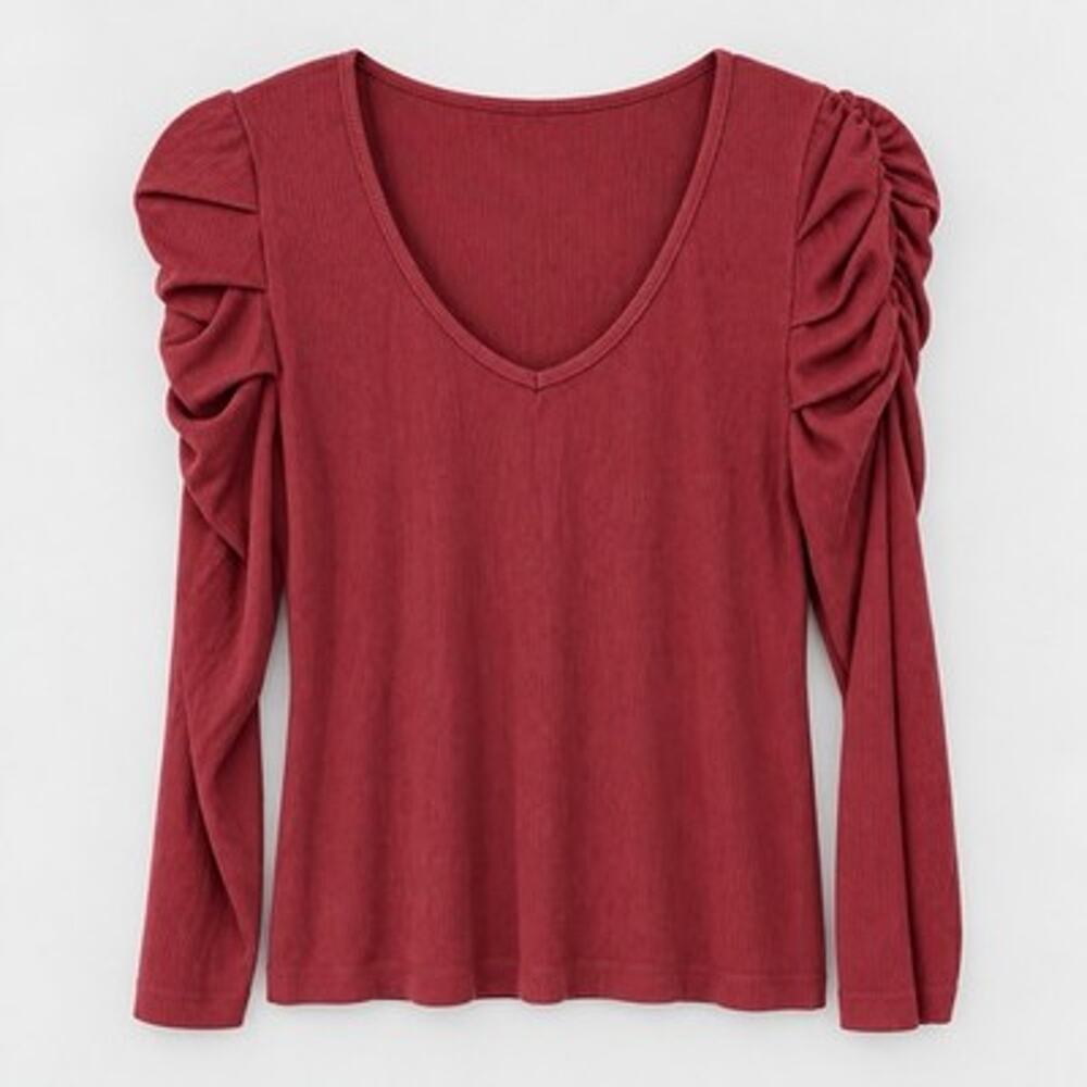Deluc Ribbed Knit Ruched Shoulder Long Sleeve Top Large Deep Rose Pullover
